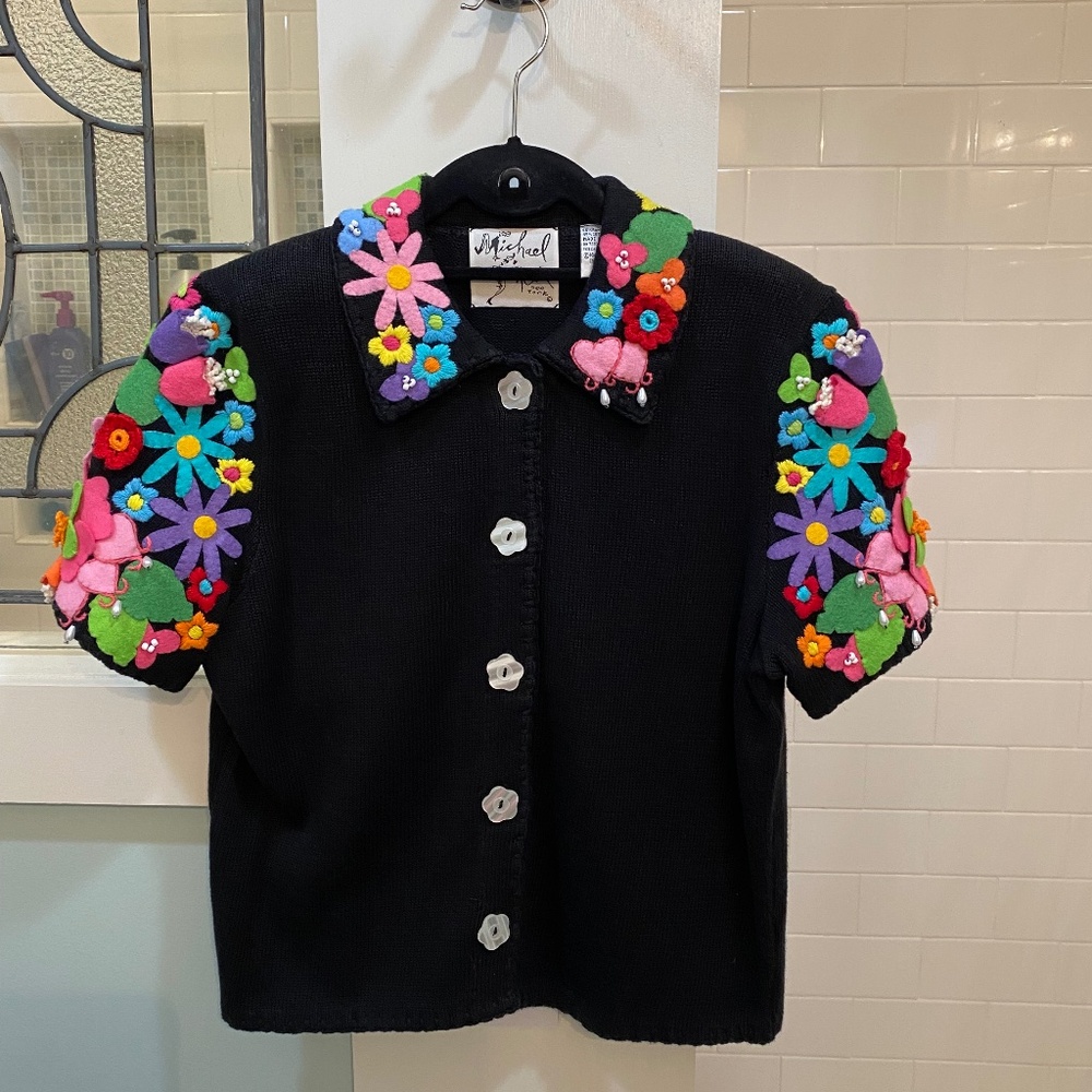 Vintage 1996 Michael Simon/New York Funky Flowered Beaded Sweater